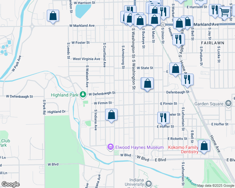 map of restaurants, bars, coffee shops, grocery stores, and more near 419 West Defenbaugh Street in Kokomo