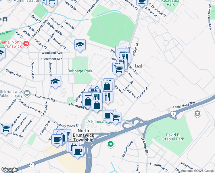 map of restaurants, bars, coffee shops, grocery stores, and more near 15 Ashland Place in North Brunswick Township