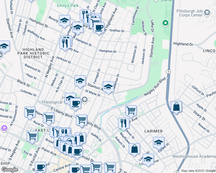 map of restaurants, bars, coffee shops, grocery stores, and more near 834 Collins Street in Pittsburgh