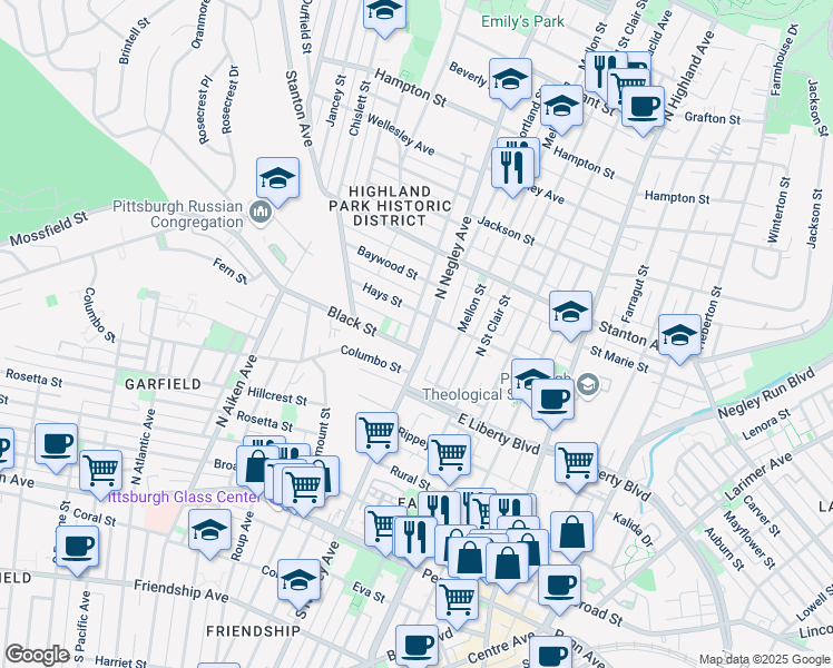map of restaurants, bars, coffee shops, grocery stores, and more near 701 North Negley Avenue in Pittsburgh