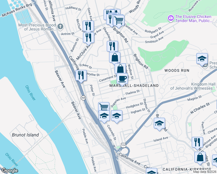 map of restaurants, bars, coffee shops, grocery stores, and more near 1412 Evandale Road in Pittsburgh