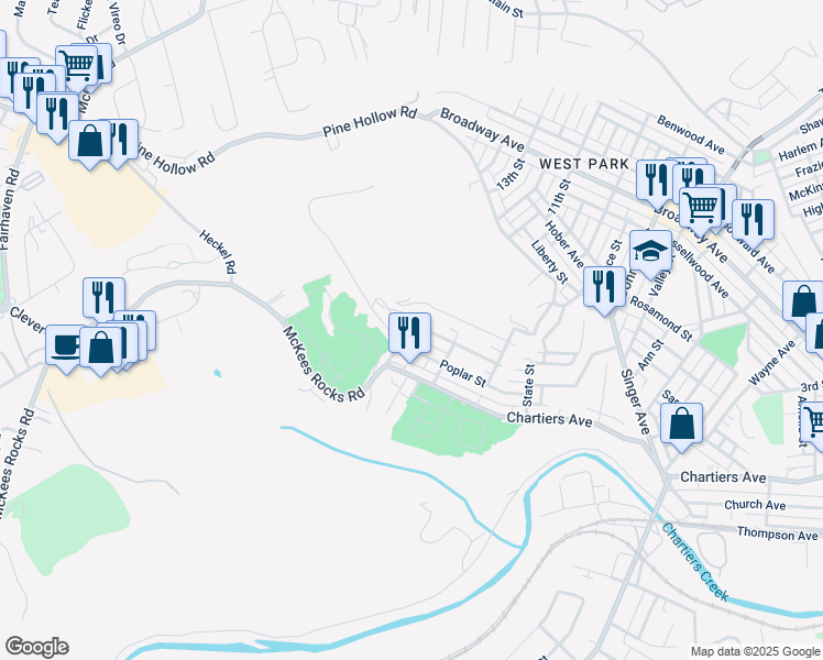map of restaurants, bars, coffee shops, grocery stores, and more near 143 Rose Alley in McKees Rocks
