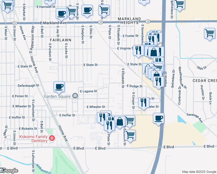 map of restaurants, bars, coffee shops, grocery stores, and more near 1220 East Laguna Street in Kokomo