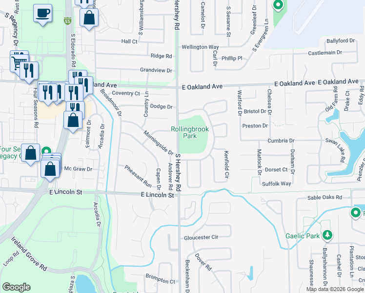 map of restaurants, bars, coffee shops, grocery stores, and more near 1002 South Hershey Road in Bloomington
