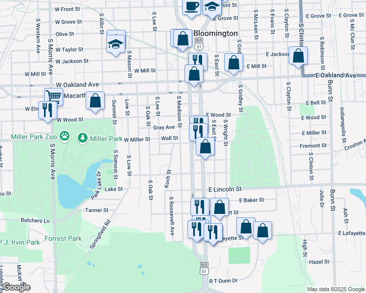 map of restaurants, bars, coffee shops, grocery stores, and more near 916 South Madison Street in Bloomington