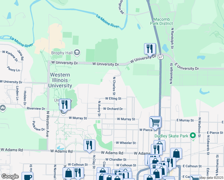 map of restaurants, bars, coffee shops, grocery stores, and more near 926 North Charles Street in Macomb