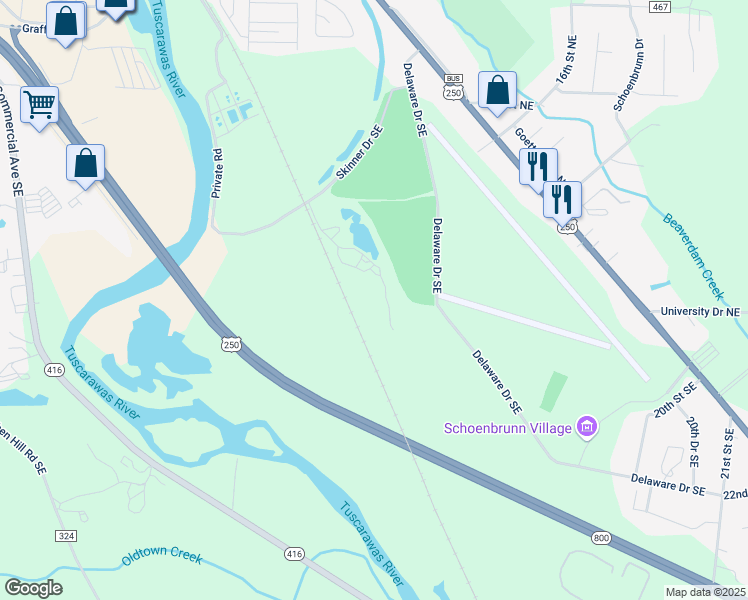 map of restaurants, bars, coffee shops, grocery stores, and more near 1579 Skinner Lane Southeast in New Philadelphia