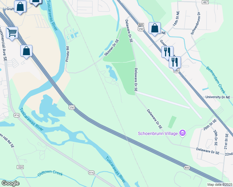map of restaurants, bars, coffee shops, grocery stores, and more near 1579 Skinner Lane Southeast in New Philadelphia