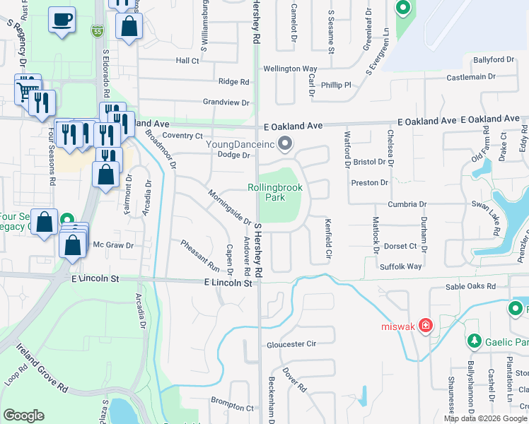 map of restaurants, bars, coffee shops, grocery stores, and more near 1002 South Hershey Road in Bloomington