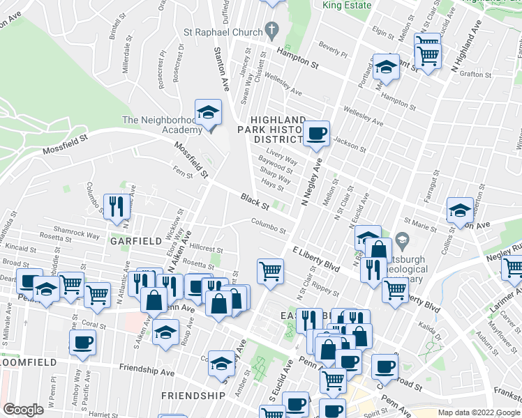 map of restaurants, bars, coffee shops, grocery stores, and more near 5463 Black Street in Pittsburgh