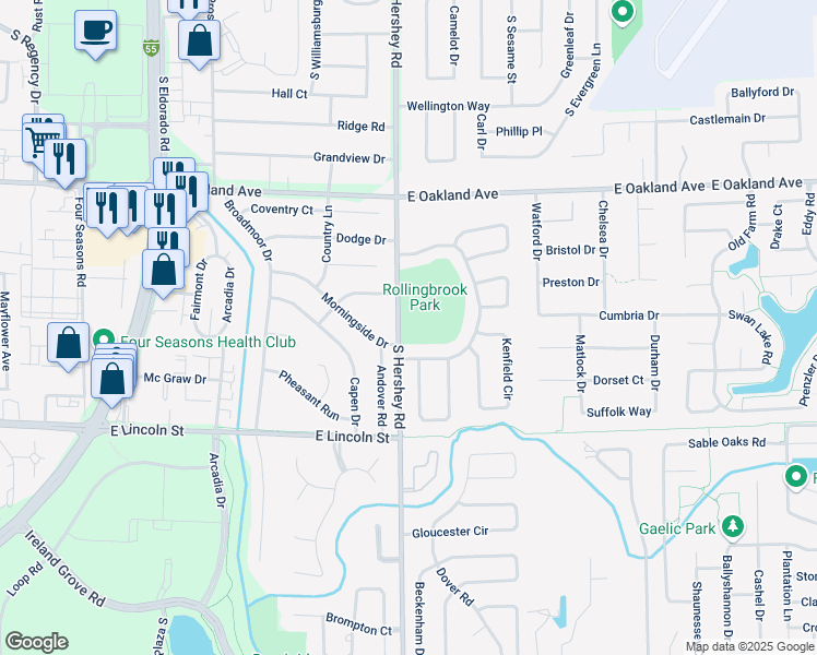 map of restaurants, bars, coffee shops, grocery stores, and more near 1002 South Hershey Road in Bloomington
