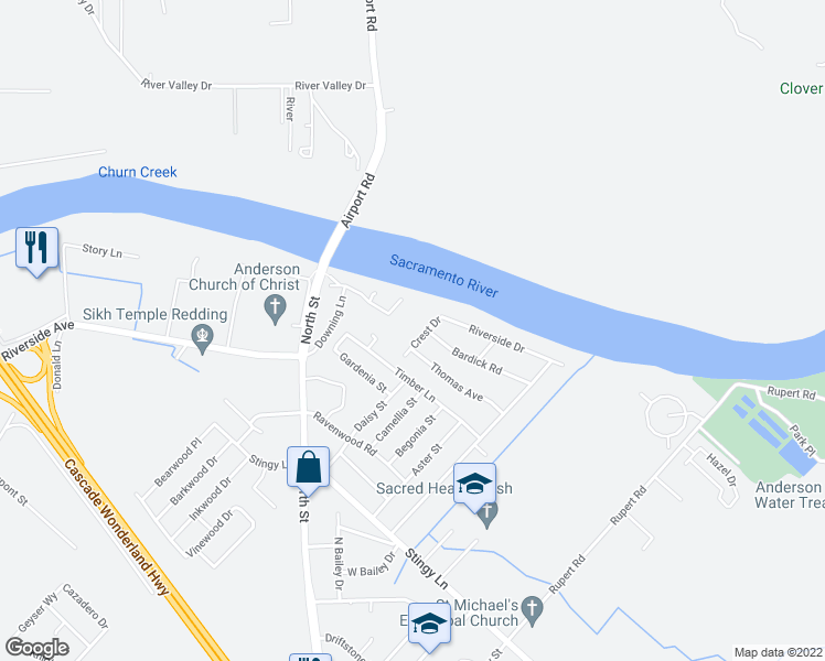 map of restaurants, bars, coffee shops, grocery stores, and more near 3332 Crest Drive in Anderson