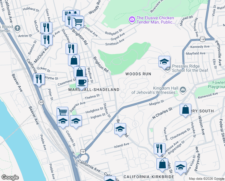 map of restaurants, bars, coffee shops, grocery stores, and more near in Pittsburgh