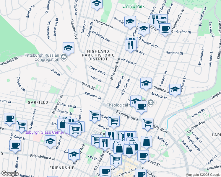 map of restaurants, bars, coffee shops, grocery stores, and more near 624 North Negley Avenue in Pittsburgh