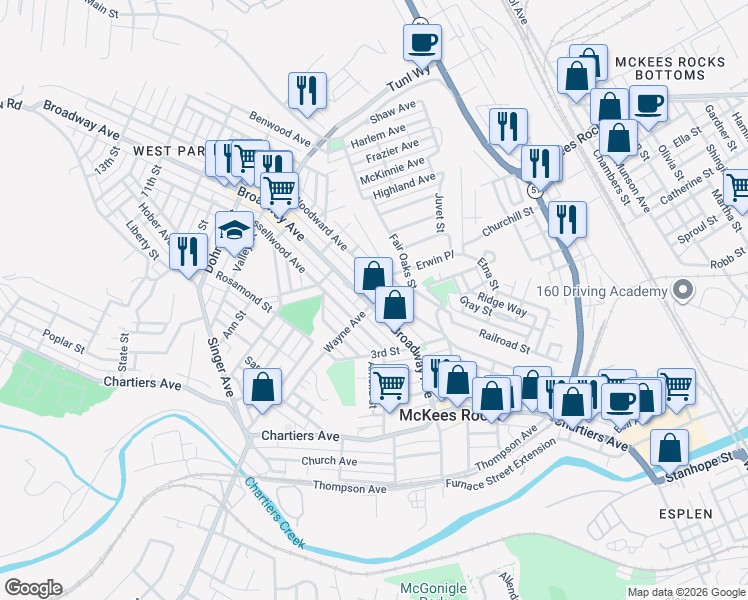 map of restaurants, bars, coffee shops, grocery stores, and more near 426 Woodward Avenue in McKees Rocks