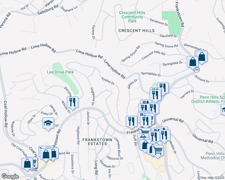 map of restaurants, bars, coffee shops, grocery stores, and more near 11300 Azalea Drive in Pittsburgh