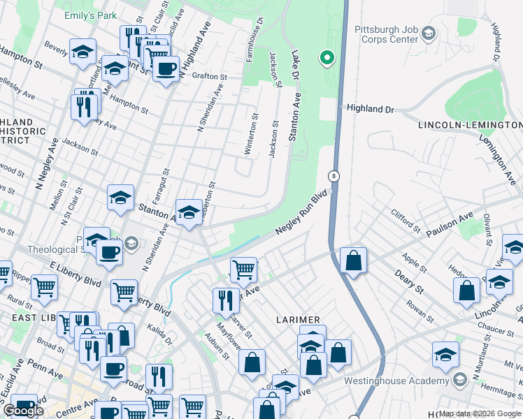 map of restaurants, bars, coffee shops, grocery stores, and more near 6404 Jackson Street in Pittsburgh