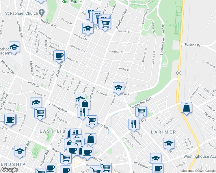 map of restaurants, bars, coffee shops, grocery stores, and more near 825 Sheridan Avenue in Pittsburgh