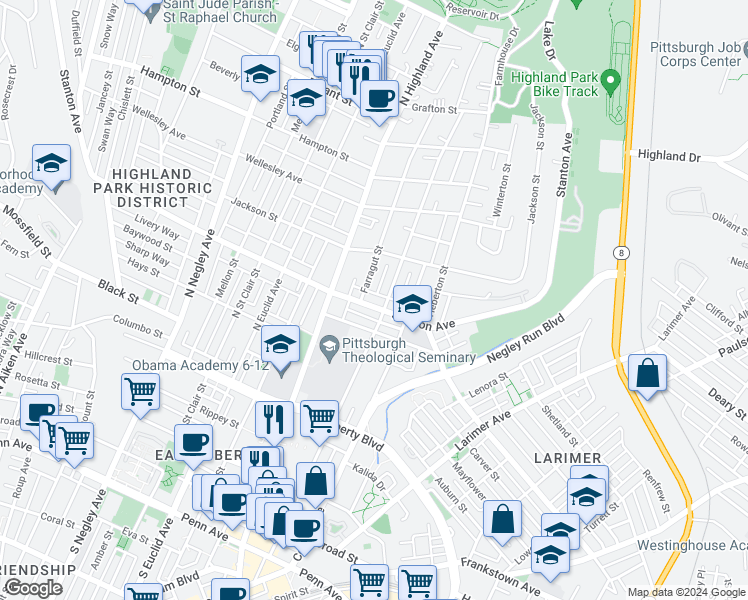 map of restaurants, bars, coffee shops, grocery stores, and more near 825 Sheridan Avenue in Pittsburgh