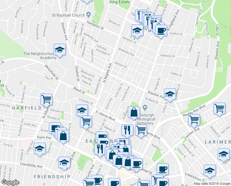 map of restaurants, bars, coffee shops, grocery stores, and more near 739 North Saint Clair Street in Pittsburgh
