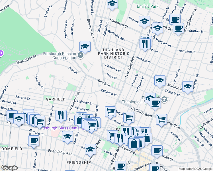 map of restaurants, bars, coffee shops, grocery stores, and more near 5463 Black Street in Pittsburgh