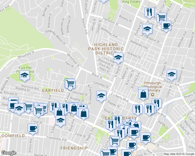 map of restaurants, bars, coffee shops, grocery stores, and more near 5463 Black Street in Pittsburgh