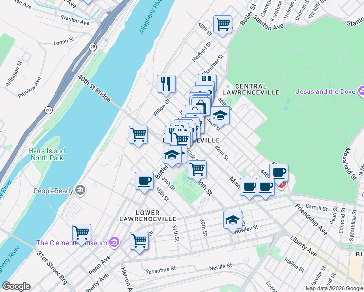 map of restaurants, bars, coffee shops, grocery stores, and more near 182 41st Street in Pittsburgh