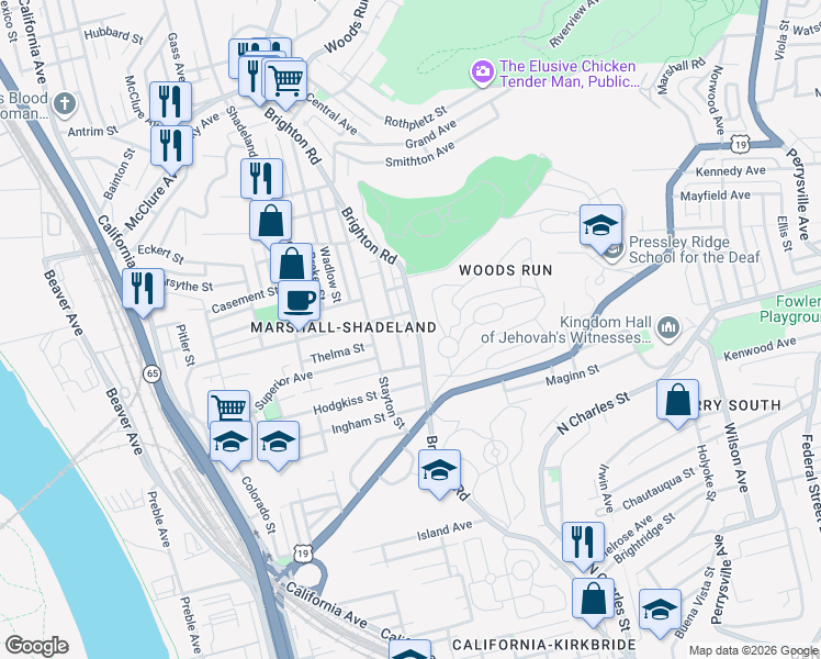 map of restaurants, bars, coffee shops, grocery stores, and more near in Pittsburgh