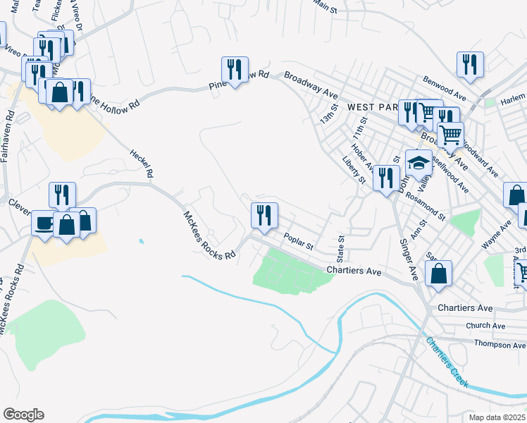 map of restaurants, bars, coffee shops, grocery stores, and more near 143 Rose Alley in McKees Rocks