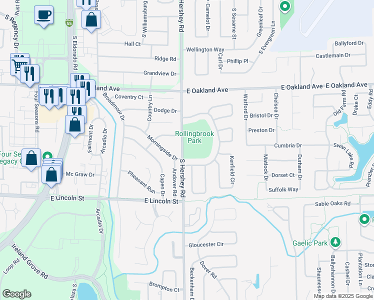 map of restaurants, bars, coffee shops, grocery stores, and more near 1002 South Hershey Road in Bloomington