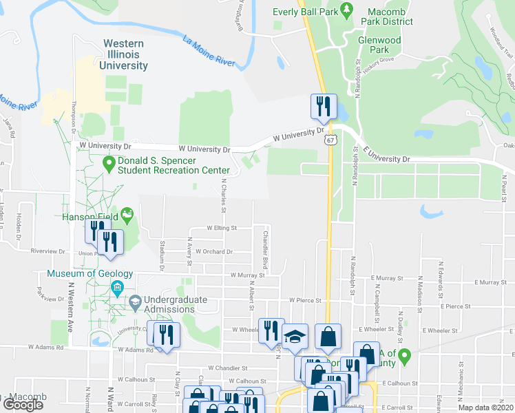 map of restaurants, bars, coffee shops, grocery stores, and more near 930 North Albert Street in Macomb