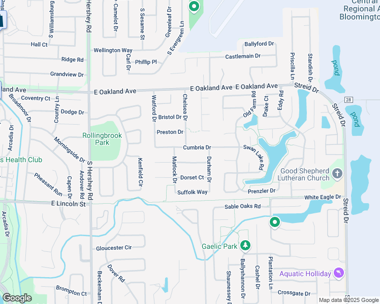 map of restaurants, bars, coffee shops, grocery stores, and more near 3114 Cumbria Drive in Bloomington