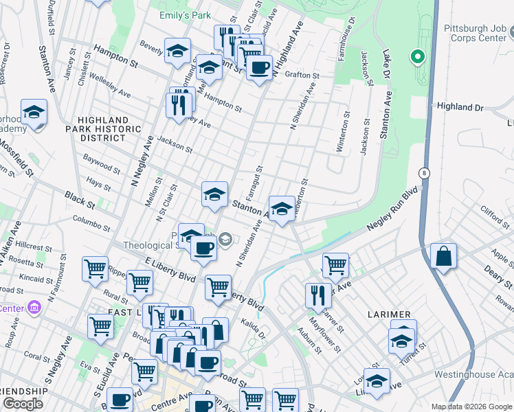 map of restaurants, bars, coffee shops, grocery stores, and more near 825 Sheridan Avenue in Pittsburgh