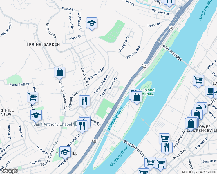 map of restaurants, bars, coffee shops, grocery stores, and more near 2126 Lowrie Street in Pittsburgh