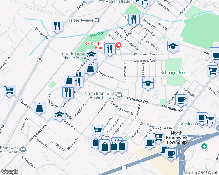 map of restaurants, bars, coffee shops, grocery stores, and more near 933 Hermann Road in North Brunswick Township
