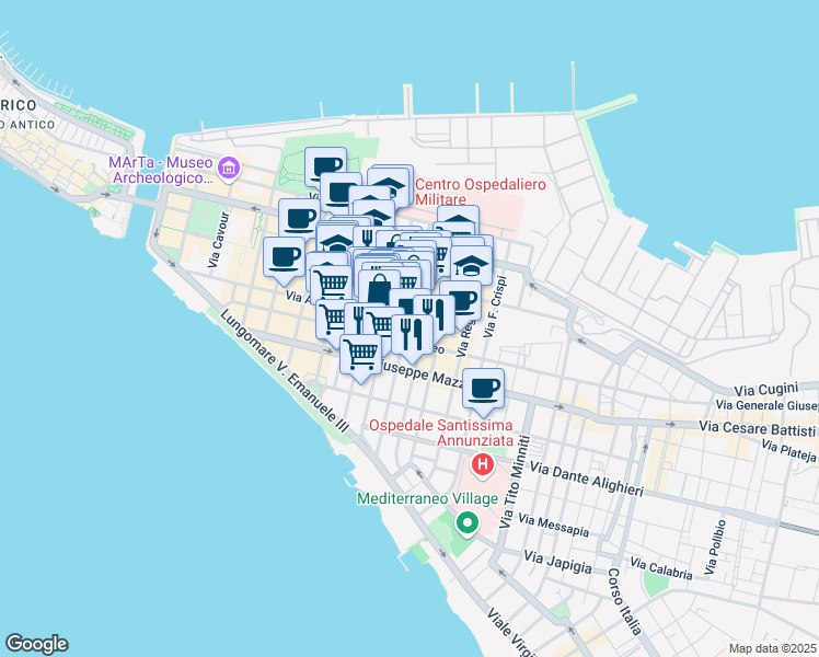 map of restaurants, bars, coffee shops, grocery stores, and more near 69 Via Cataldo Nitti in Taranto
