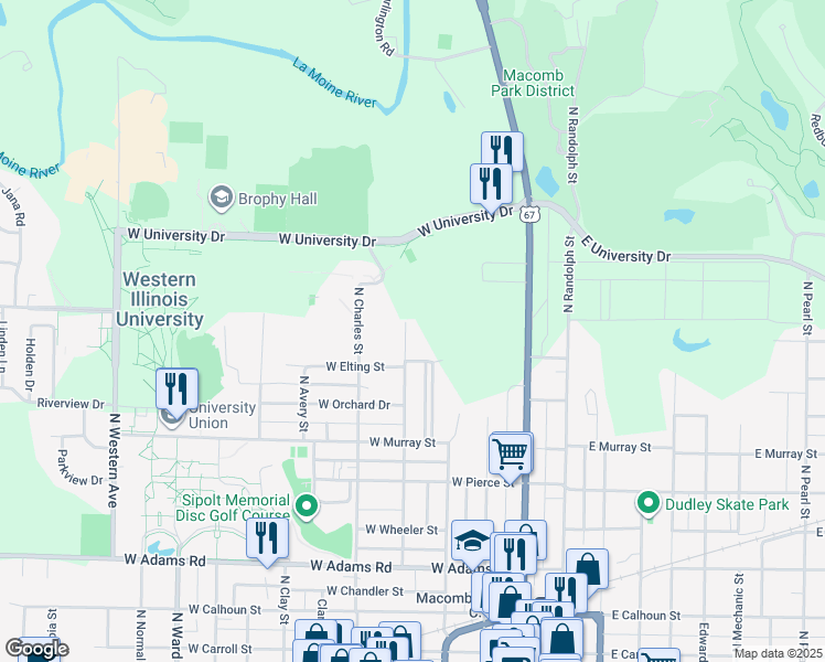 map of restaurants, bars, coffee shops, grocery stores, and more near 913 North Albert Street in Macomb