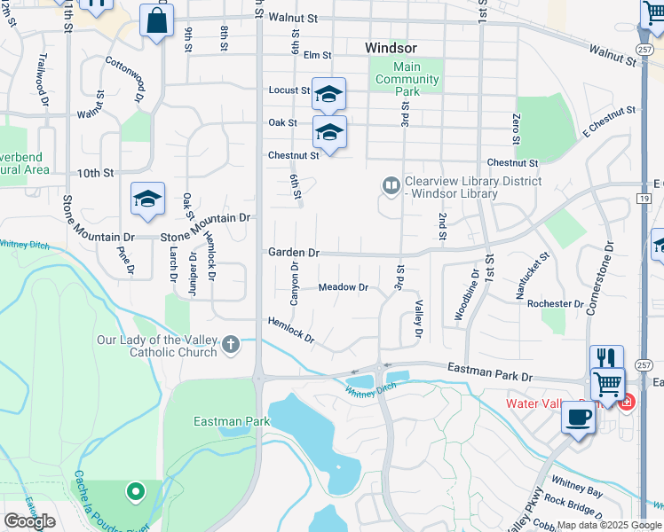 map of restaurants, bars, coffee shops, grocery stores, and more near 1002 Timberline Court in Windsor