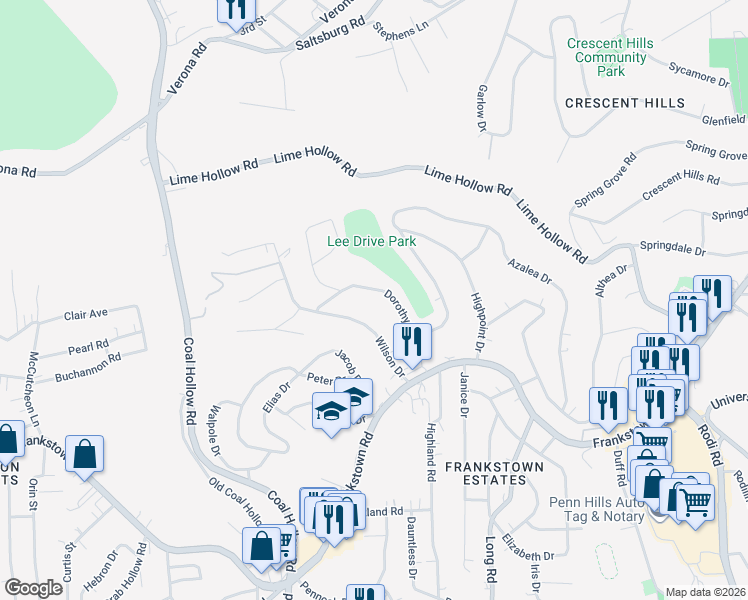 map of restaurants, bars, coffee shops, grocery stores, and more near 355 Dorothy Drive in Penn Hills