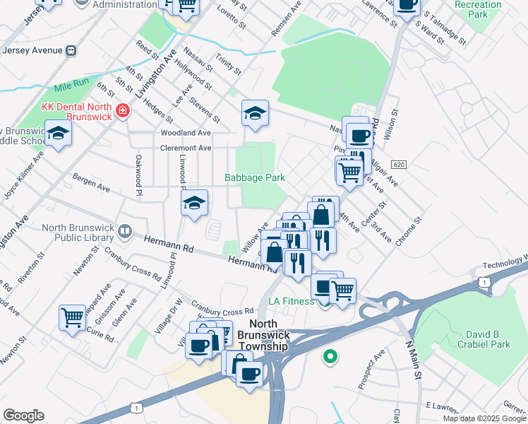 map of restaurants, bars, coffee shops, grocery stores, and more near 708 Laurel Place in North Brunswick Township