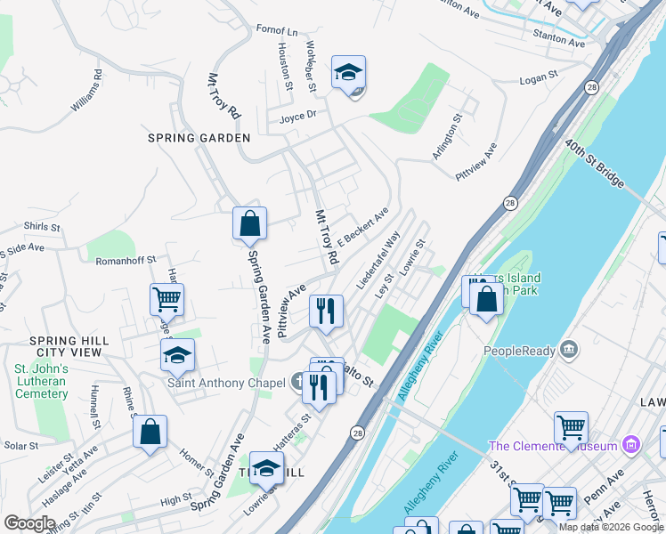 map of restaurants, bars, coffee shops, grocery stores, and more near 2003 Mount Troy Road in Pittsburgh