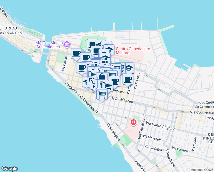 map of restaurants, bars, coffee shops, grocery stores, and more near 189 Via Anfiteatro in Taranto