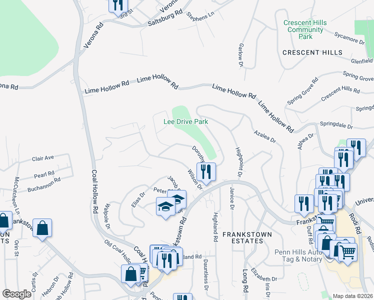 map of restaurants, bars, coffee shops, grocery stores, and more near 355 Dorothy Drive in Penn Hills