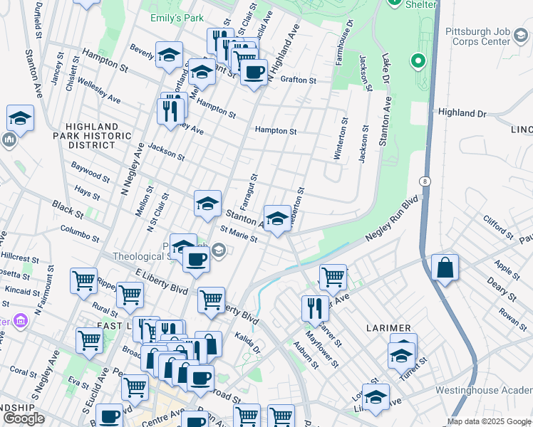 map of restaurants, bars, coffee shops, grocery stores, and more near 825 Sheridan Avenue in Pittsburgh