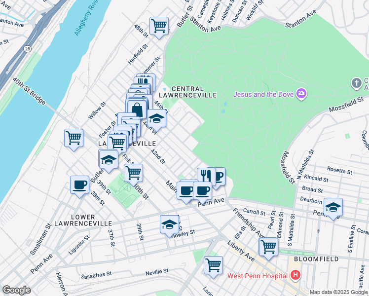 map of restaurants, bars, coffee shops, grocery stores, and more near 311 45th Street in Pittsburgh