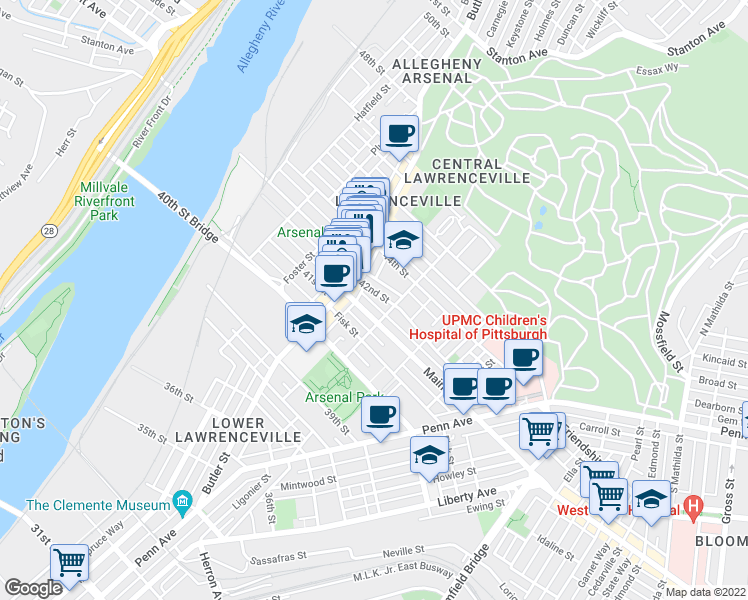 map of restaurants, bars, coffee shops, grocery stores, and more near 238 43rd Street in Pittsburgh