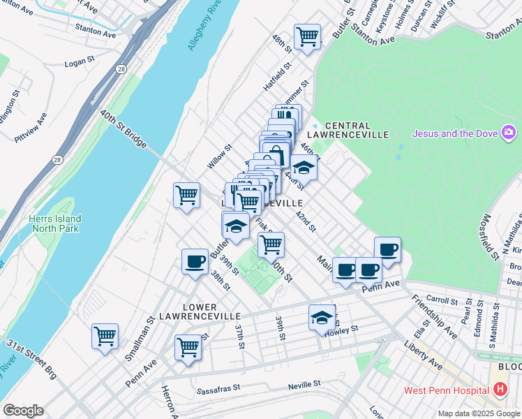 map of restaurants, bars, coffee shops, grocery stores, and more near in Pittsburgh