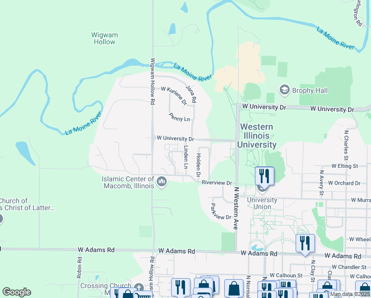 map of restaurants, bars, coffee shops, grocery stores, and more near 103 Jana Road in Macomb
