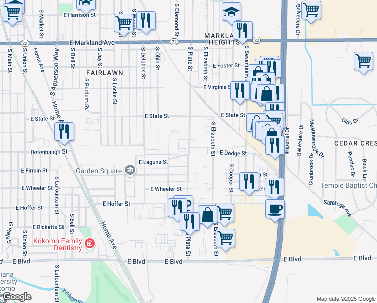 map of restaurants, bars, coffee shops, grocery stores, and more near 1425 South Plate Street in Kokomo