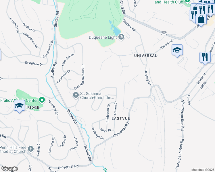 map of restaurants, bars, coffee shops, grocery stores, and more near 580 Guylyn Drive in Pittsburgh